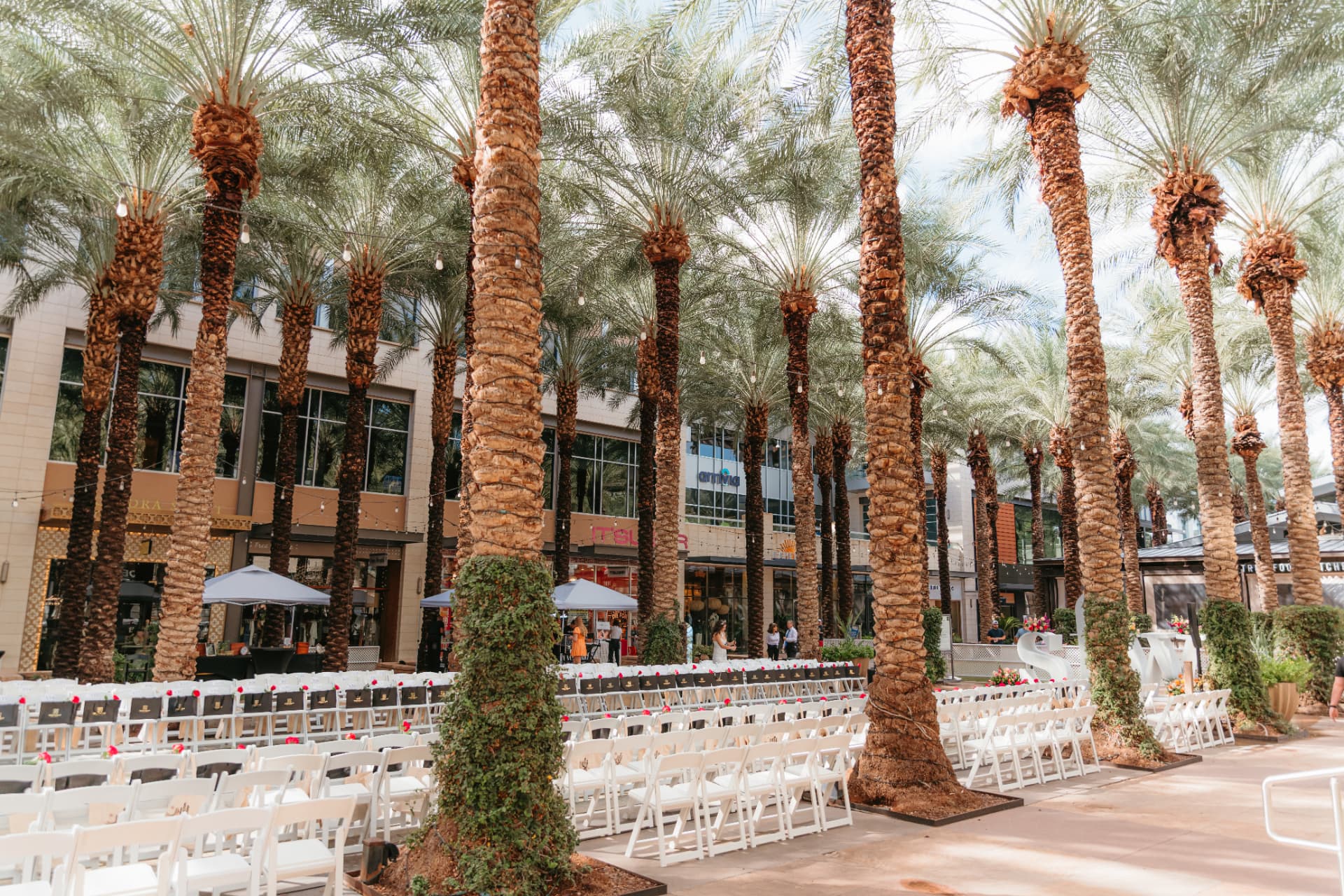 Rows of white runway seats beneath the palms at Scottsdale Quarter